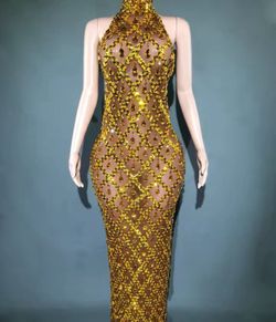 Beautiful Gold Sparkly Crystals & Sequin Gown Dress -Brown Mesh