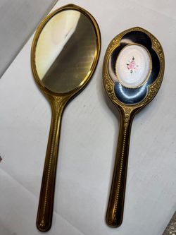 Vintage Black & Gold Tone Rose Vanity Hand Mirror & Hair Brush Set