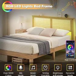 New Solid Wood Bed Frame with Natural Rattan Headboard with LED Lights  Mattress Foundation No Box Spring Needed