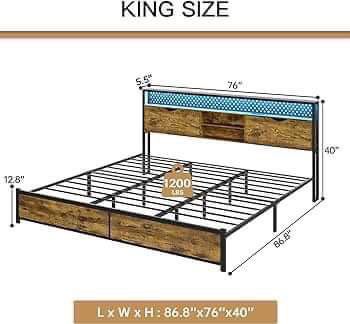 ADORNEVE King Size Bed Frame with Storage & LED Light Headboard, Metal Platform Bed with Type-C & USB Charging Station, King Bed Frame with Shelf Head