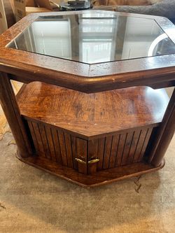 Vintage Hexagonal Glass Top Wood End Table Side Table Cabinet Shelf 25”