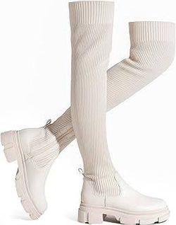 White Thigh High Knit Sock Boots Size 10
