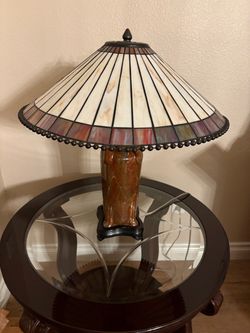 Vintage Tiffany-Style Stained Glass & Glazed Ceramic Table Lamp