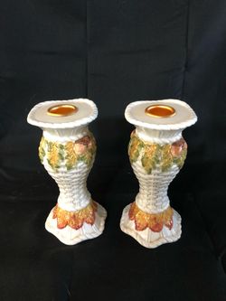 Beautiful Ceramic Autumn Acorn and Leaf Candle Holders - Set of 2