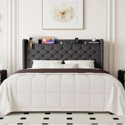 Dark Gray Full Size Bed Frame With Charging Station 