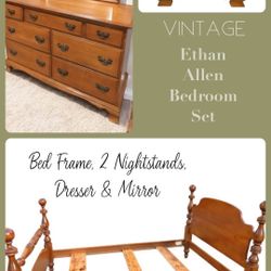 Vintage Ethan Allen Bedroom Set Cannonball Bed Frame And Transitional Dresser With Matching Nightstands