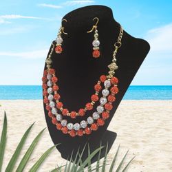 Elegant Red & White Gemstone Necklace & Earring Set