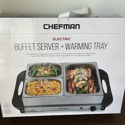 Chefman Electric Buffet Server + Warming Tray — 5 Qt, 14"x14" Stainless Steel, 3 Pans + Lids