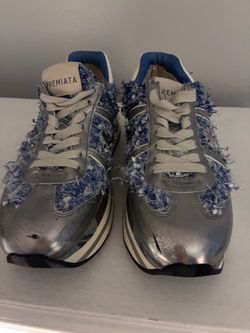 Premiata Silver Denim Fringe Sneakers
