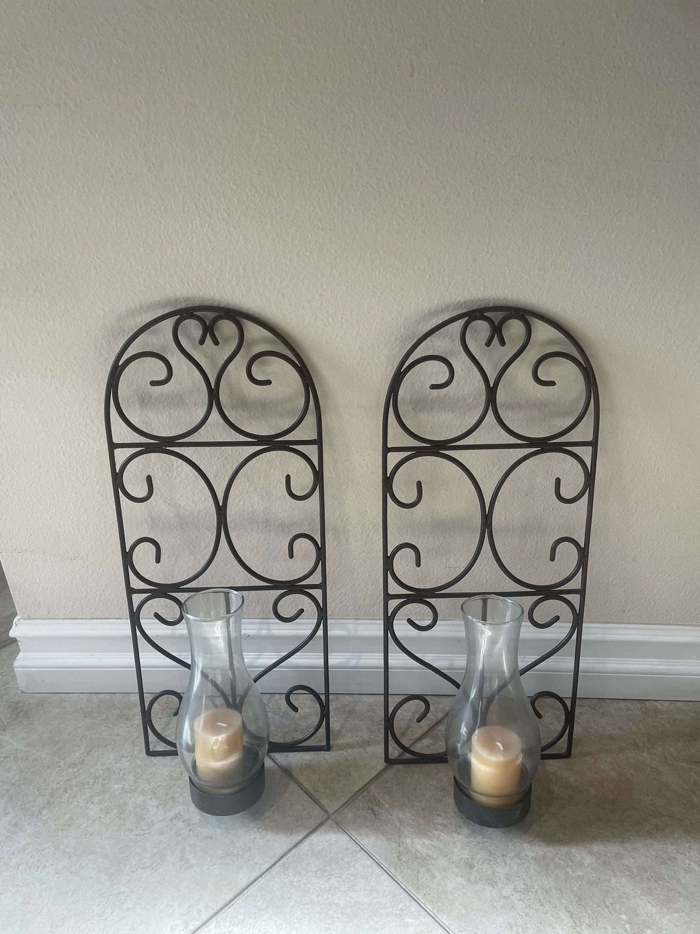 Set of 2 Wrought Iron Wall Sconce Pillar Candle Holders. 