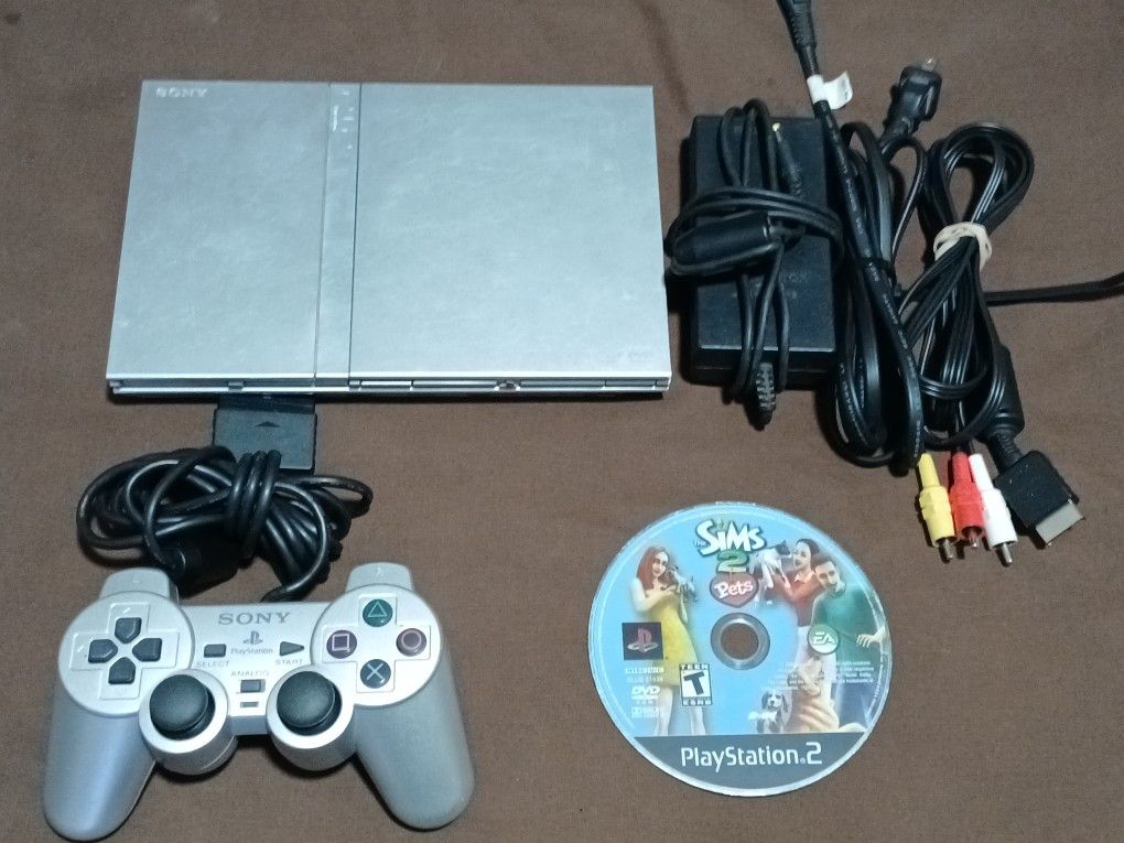 Playstation 2 PS2 Sliver Slim Console With Controller And Game. Works