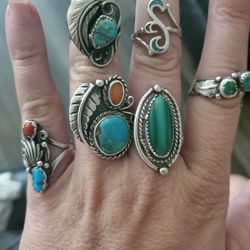 Vintage Sterling Silver Rings With Turquoise, Coral, Malichite. 