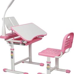 Girls Pink School Study Desk and Chair Set, Multi Functional Height Adjustable with Tilt Desktop, Bookstand, LED Light, Metal Hook and Storage Drawer