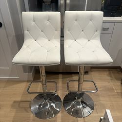 Brand New White Tufted Faux-Leather Stools w/ Rhinestone Buttons | Set Of 2