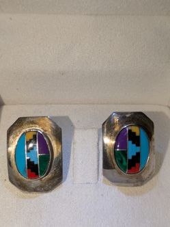 Vintage  Sterling silver southwestern Micro Mosaic earrings