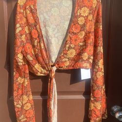 Halloween Hippie Suede Fringe Vest And Flare Pants With Peace Sign Earrings.