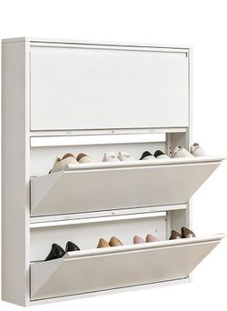 Shoe Storage Cabinet with 3 Flip Drawers, Hidden Wall Mounted Slim Shoe Rack Cabinet, Metal Narrow Shoe Cabinet for Entryway Hallway Small Spaces