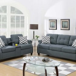 Sofa  &  Loveseat W/USB Console-Blue Grey