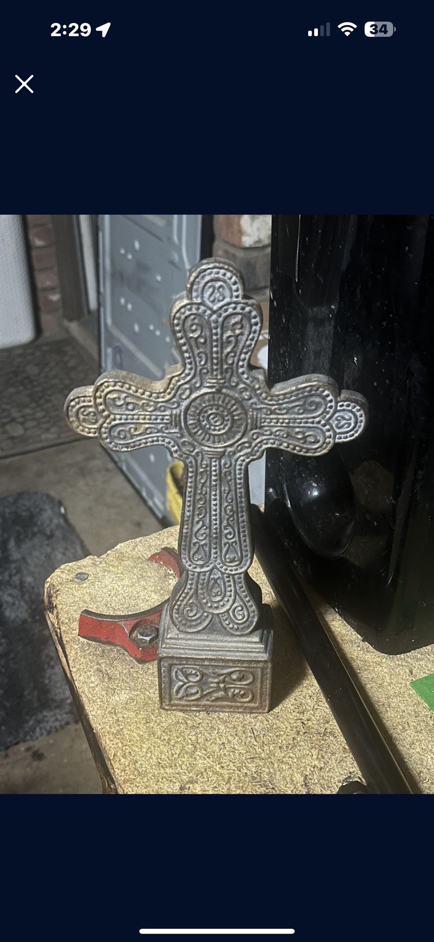 Green Metal Cross with Weighted Base
