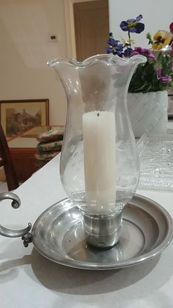 Peuter candle holder with etched glass top. Excellent condition!