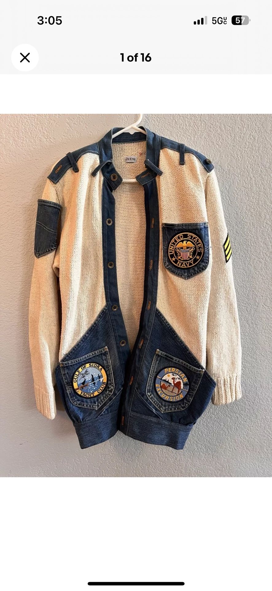 Vintage Jeene Cardigan Women's Knit & Denim Hybrid Sweater Button Up w/Patches