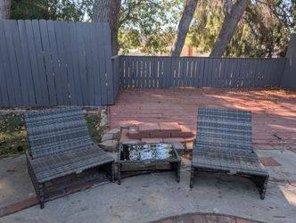 2 Wicker Chaise Lounge Chairs + Glass Side Table