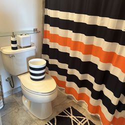 Bathroom Set- Shower Curtain, Hooks, Rug, Soap Dispenser, Tissue Container, Trash Can