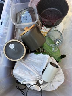 KITCHEN SUPPLIES • PLATES, CUPS, MUGS, COFFEE/SUGAR CONTAINERS, POTS. PANS AND MORE+ FREE HOME DEPOT STORAGE BIN 
