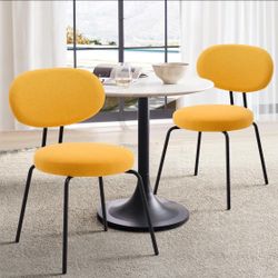 Set of 2 Mid-Century Fabric Dining Chairs - Curved Backrest, Black Metal Legs, Yellow, NIB