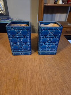 Pair of Carlysle Blue Glazed Ceramic Square Planters with Attached Saucer and Drainage Holes