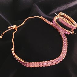 Simulated Purple Diamond Bolo Bracelet and Hoop Earrings in Rosetone (6.6-9.0)