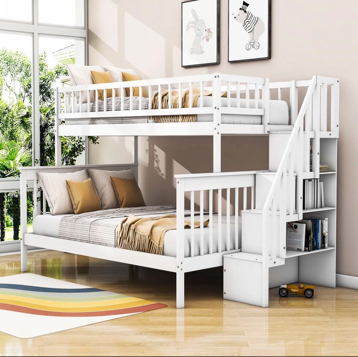 Twin-Over-Full Wood Bunk Bed With Stairway And Storage
