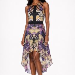 Bebe Y2K Abstract Floral High Low Cage Dress Purple Chiffon Strappy Back Size 6