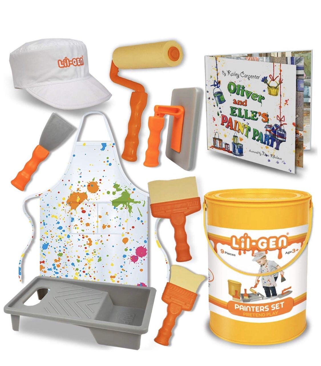 Gen Painter's Tool Set Plus Book - Pretend Play Toddler Toys for Kids Age 2-4, Includes Cap, Apron, 7 Painter Tools and Storage Paint Bucket