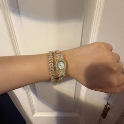 Chopard Style Gold Tone Crystal Watch and Bracelet Set