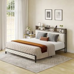 WOODEN KING BED FRAME WITH UPHOLSTERED STORAGE HEADBOARD BRAND NEW IN BOX!!! 