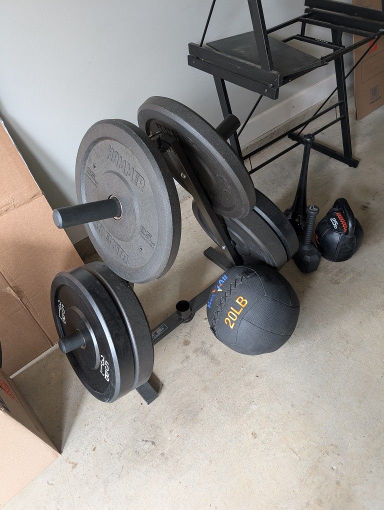 Bumper Plates (210 lbs) and Storage Rack