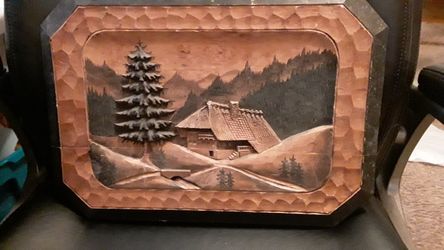 Black Forest German Hand Carved Picture 16X12 1950s Circa Alpine Village Sceen