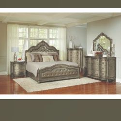Translucent Platinum Silver Ash Wood Upholstered King Panel Bed