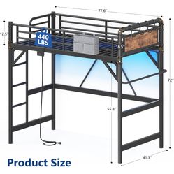 Twin Size Loft Bed with LED Lights and Charging Station,