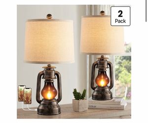 Rustic Lantern Table Lamps with USB Ports – Set of 2