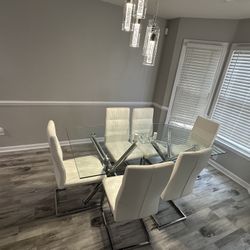 Glass Dining Table & Chairs Sets, 6 Seats, White
