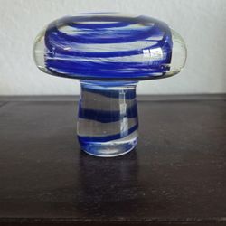 Glass Mushroom Paperweight With Blue Swirl