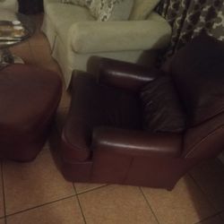 Real Leather Chair That Slightly Reclines And Ottoman