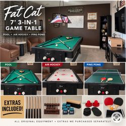 Fat Cat 7’ 3-in-1 Pool, Air Hockey & Ping Pong Table + Extras – $450 OBO