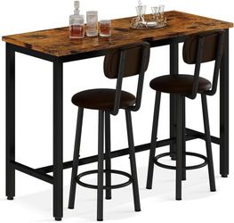 K461 $80  3 Piece Bar Height Table with 2 Backrests Stools,Small Kitchen Table for 2,Small Space,Brown & Black  Color Rustic Brown & Brown Material En