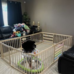 ZETY Natural Wood Baby Playpen 10 Panel Foldable Play Yard with Door Panel and Built-in Toys, CPC Certified & SGS Tested