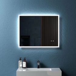 ML01 30 in. W x 24 in. H Large Rectangular Frameless Anti-Fog LED Floating Wall Bathroom Vanity Mirror in White