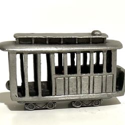 vintage Rawcliffe pewter miniature trolley car figurine, likely produced in 1981. 