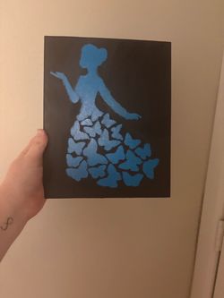 Butterfly dress on a woman blue neon and black canvas